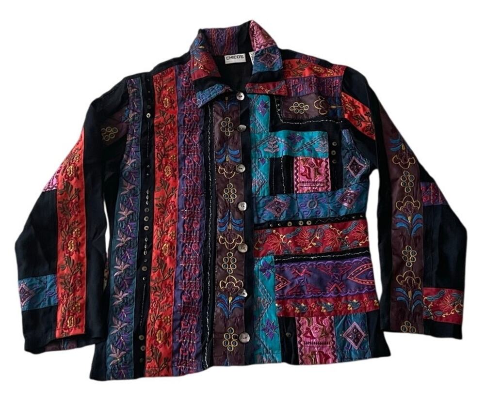 Chicos Womens Jacket Small Patchwork Embroidered Geometric Wearable Art Metallic